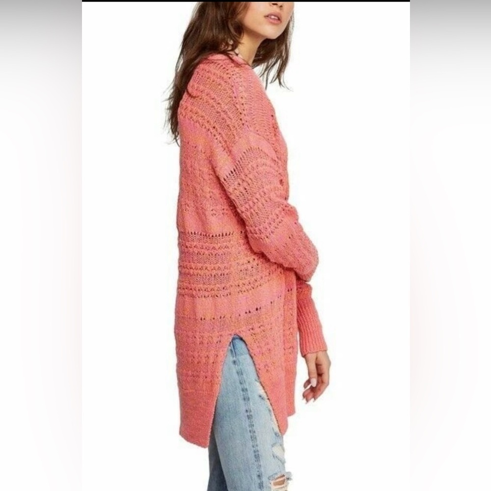 Free People Coral Pink Open Knit Oversized V-Neck Sweater Tunic Medium - Picture 5 of 15